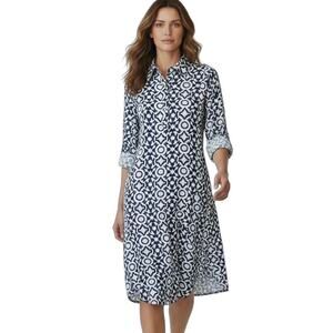 Roberta Roller Rabbit Women's Mouffa Shirt Dress M Blue White Print Long Sleeve